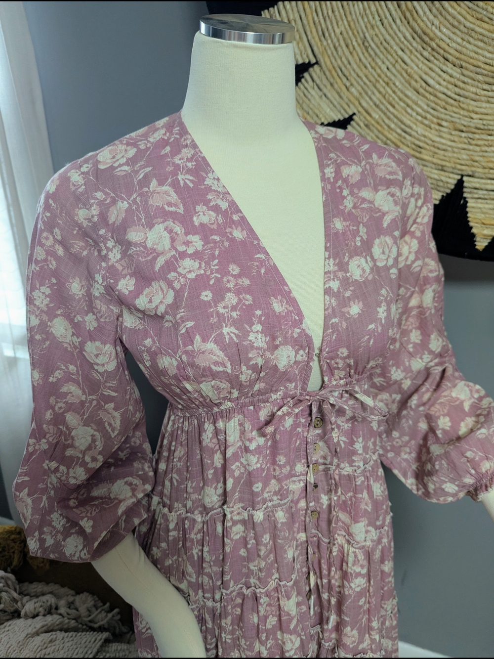 Free People Floral Mauve Cotton Dress - Pink Lavender Print - Picture 4 of 10